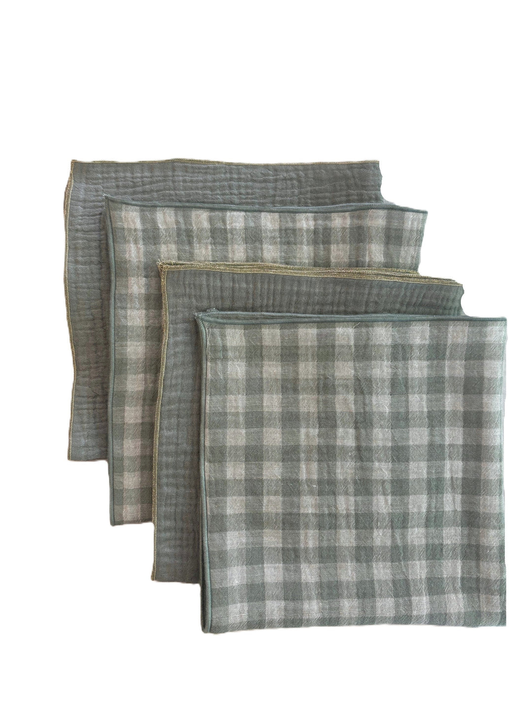 Coffret de 4 Serviettes de Table en Double Gaze de Coton – Vichy et uni vert de gris – 40x40cm