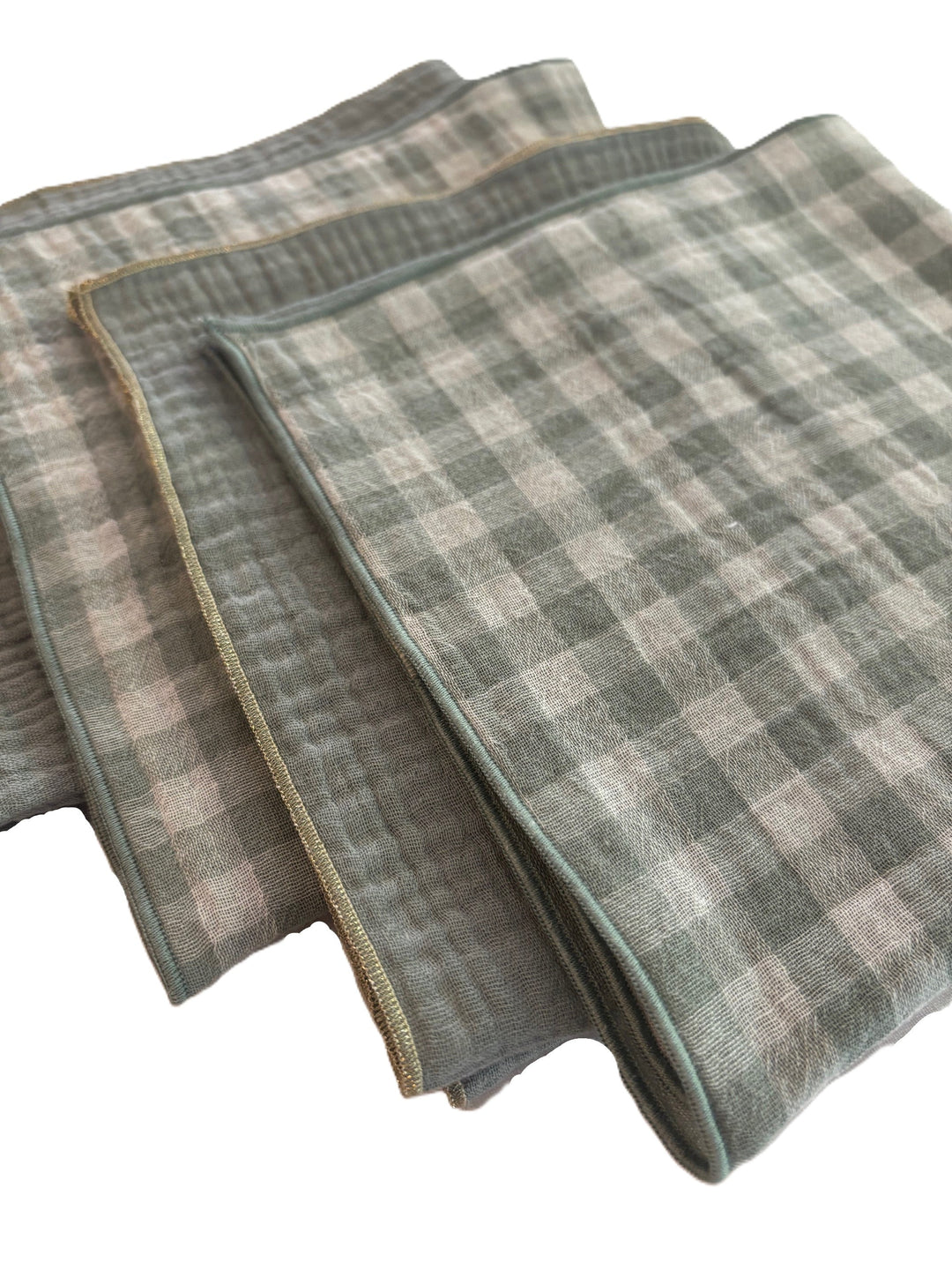 Coffret de 4 Serviettes de Table en Double Gaze de Coton – Vichy et uni vert de gris – 40x40cm