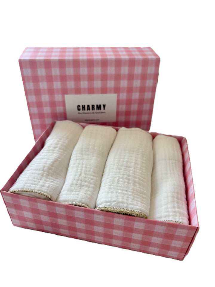 Coffret de 4 Serviettes de Table en Gaze de Coton – Blanc Doré – 40x40cm