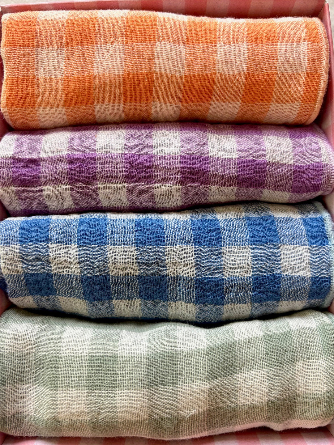 Set of 4 Double Gauze Cotton Napkins – Azure Vichy, Violet, Clementine and Green-Grey – 40x40cm