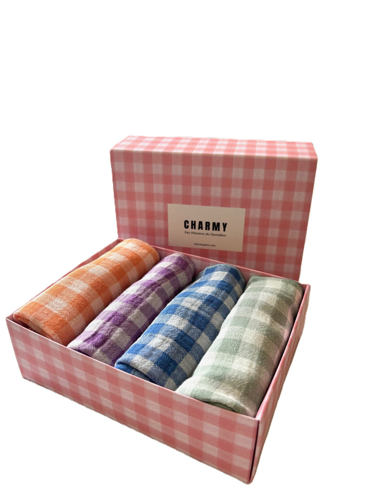 Coffret de 4 Serviettes de Table en Double Gaze de Coton – Vichy Azur, violet, clémentine et vert de gris– 40x40cm