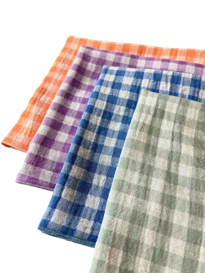 Coffret de 4 Serviettes de Table en Double Gaze de Coton – Vichy Azur, violet, clémentine et vert de gris– 40x40cm