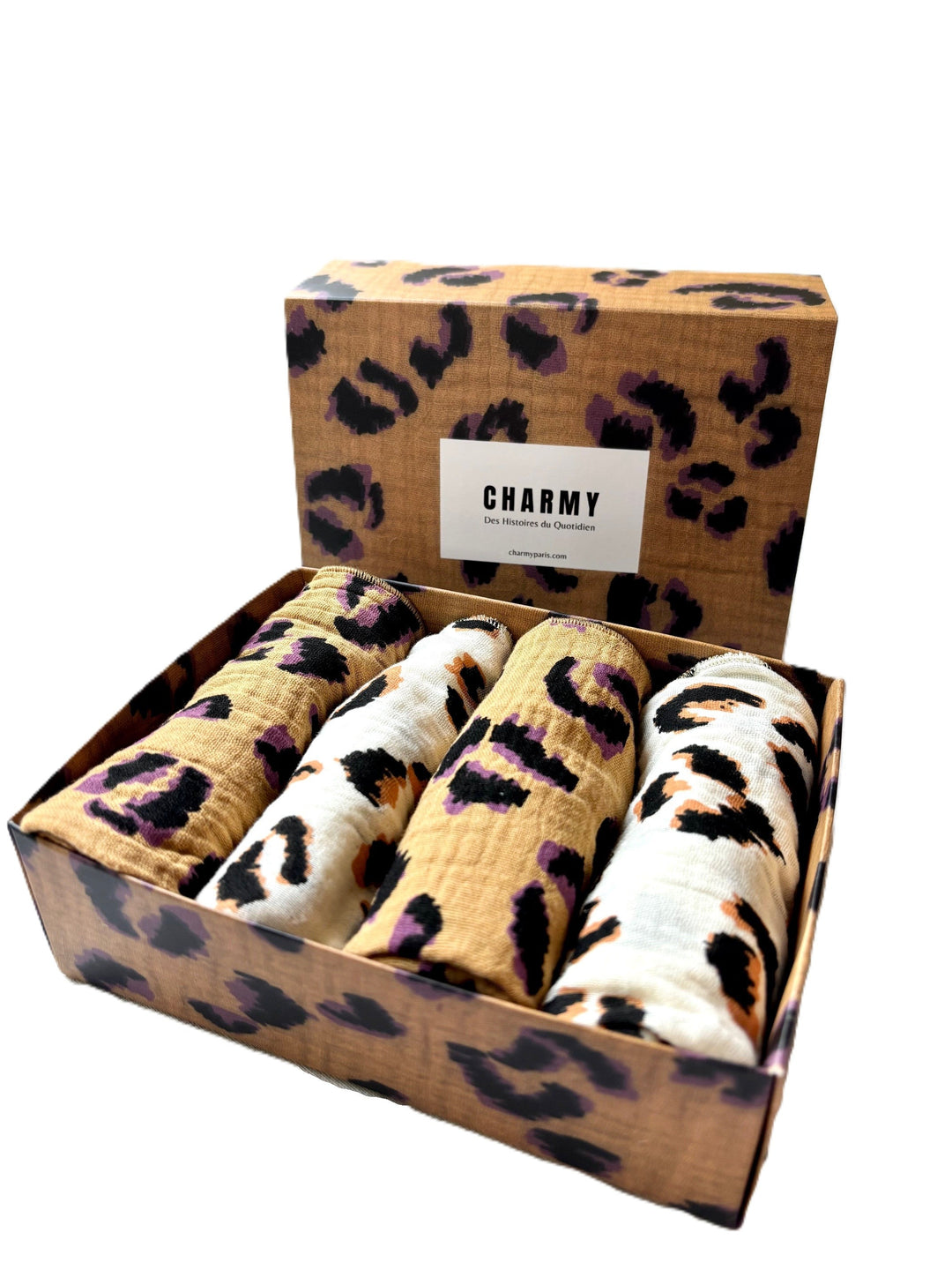 Coffret 4 Serviettes de Table – Gaze de Coton – Leopard Ecru & Fauve – 40x40 cm
