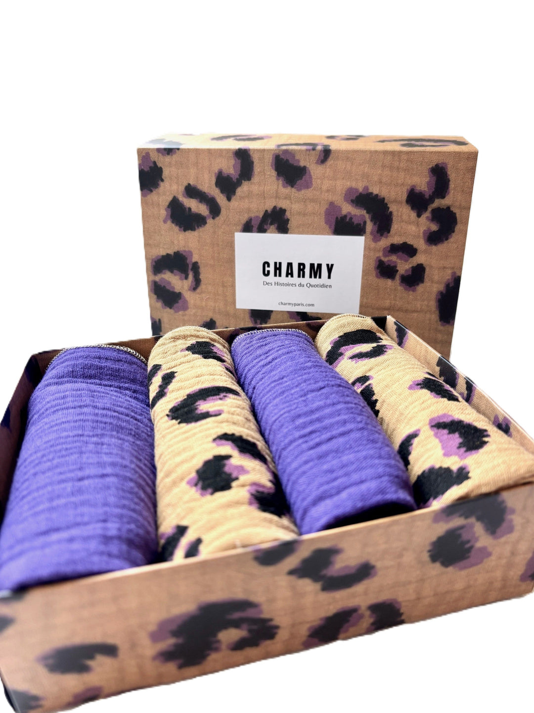 Coffret 4 Serviettes de Table – Gaze de Coton – Leopard Fauve et Violet – 40x40 cm