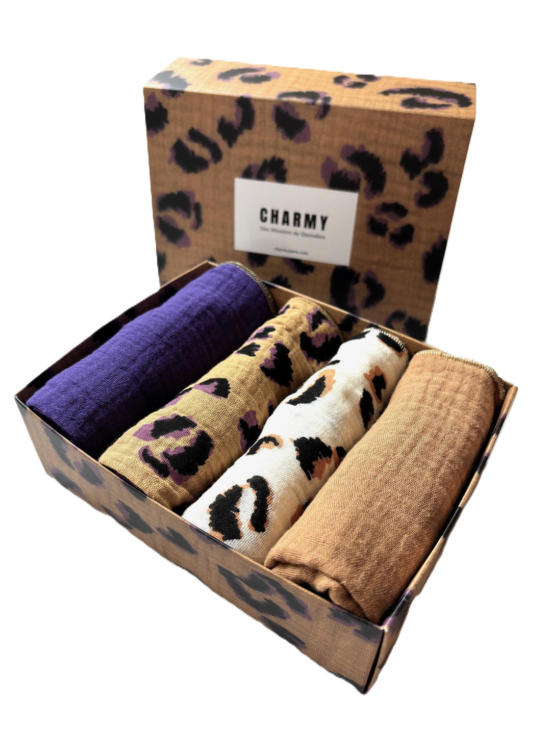 Coffret 4 Serviettes de Table – Gaze de Coton – Léopard, camel et violet – 40x40 cm