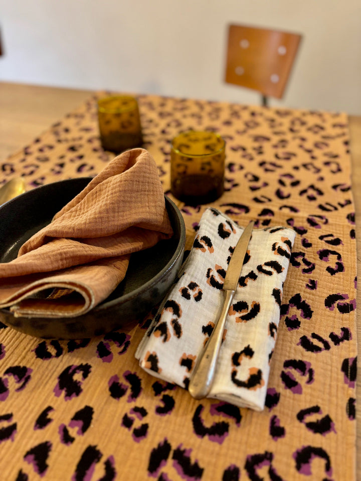 Coffret 4 Serviettes de Table – Gaze de Coton – Leopard Ecru & Camel – 40x40 cm
