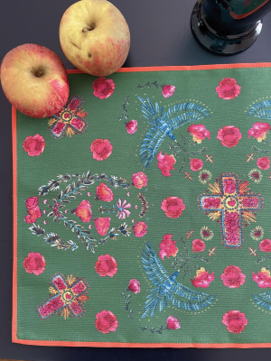 Sets de table - Tissu anti-tâches - Motifs fleurs - Fond uni vert