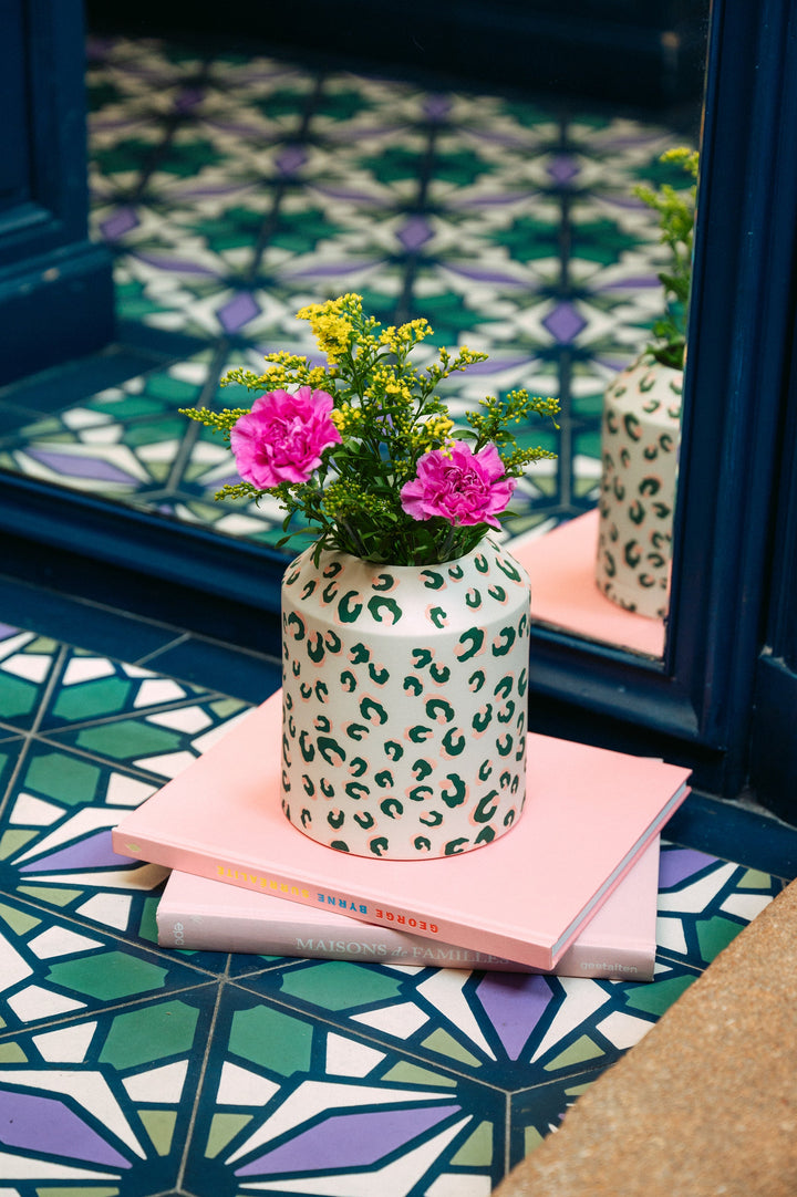 ALMA Green and Pink Leopard Print Low Vase