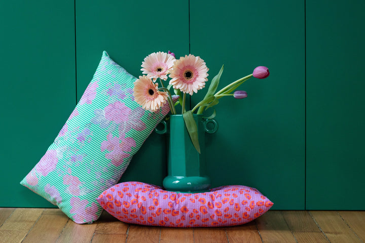Green and pink Moldavian flower pattern cushion - GISÈLE