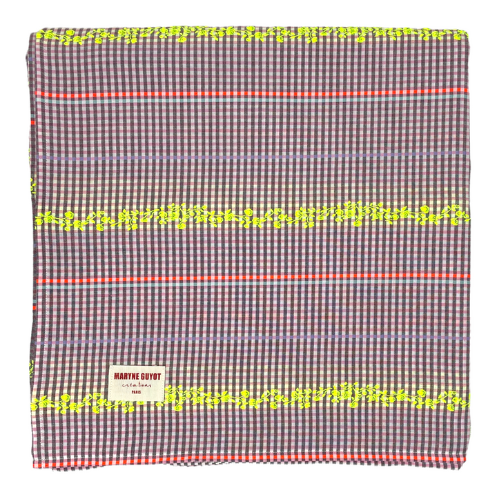 Nappe vichy violet et aux broderies fleuries jaune fluo - Vichy fluo