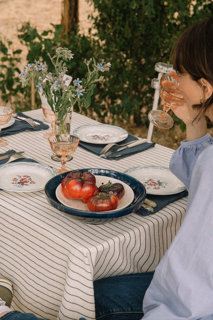 Nappe Écru à rayures en coton flammé