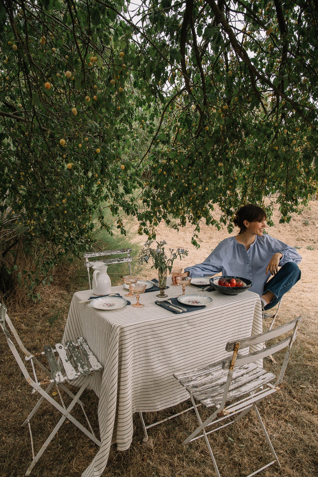 Nappe Écru à rayures en coton flammé