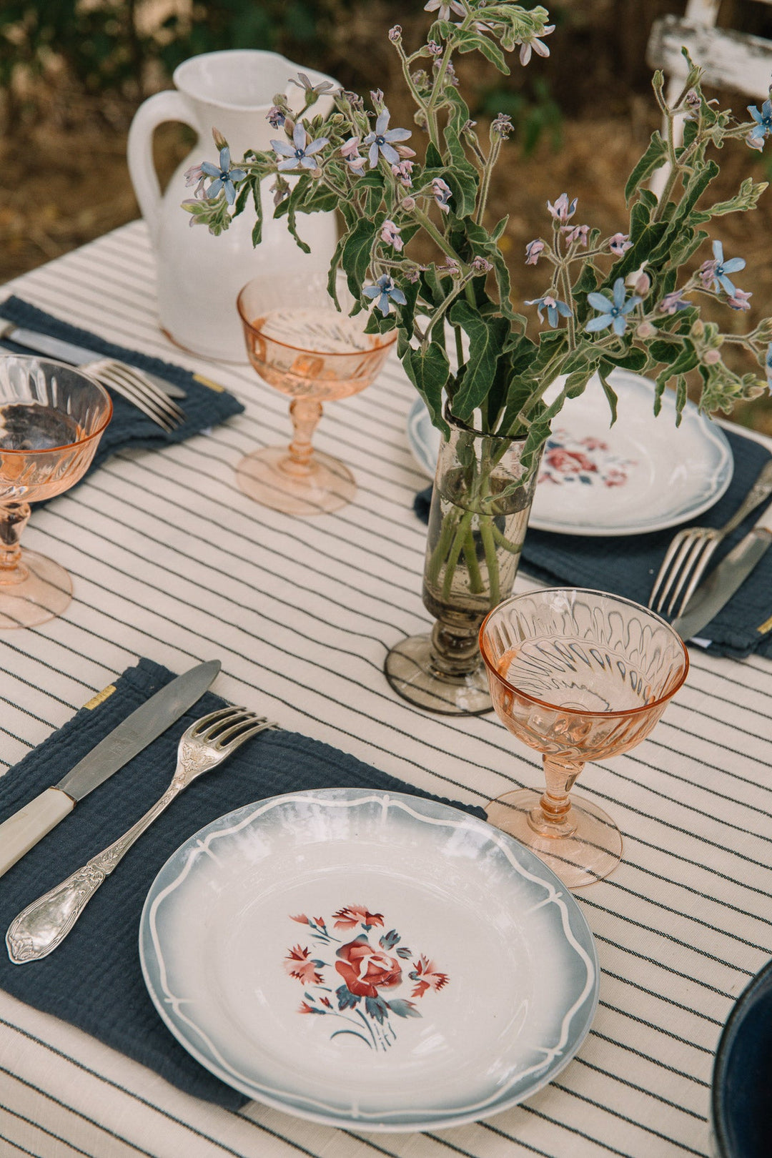 Nappe Écru à rayures en coton flammé