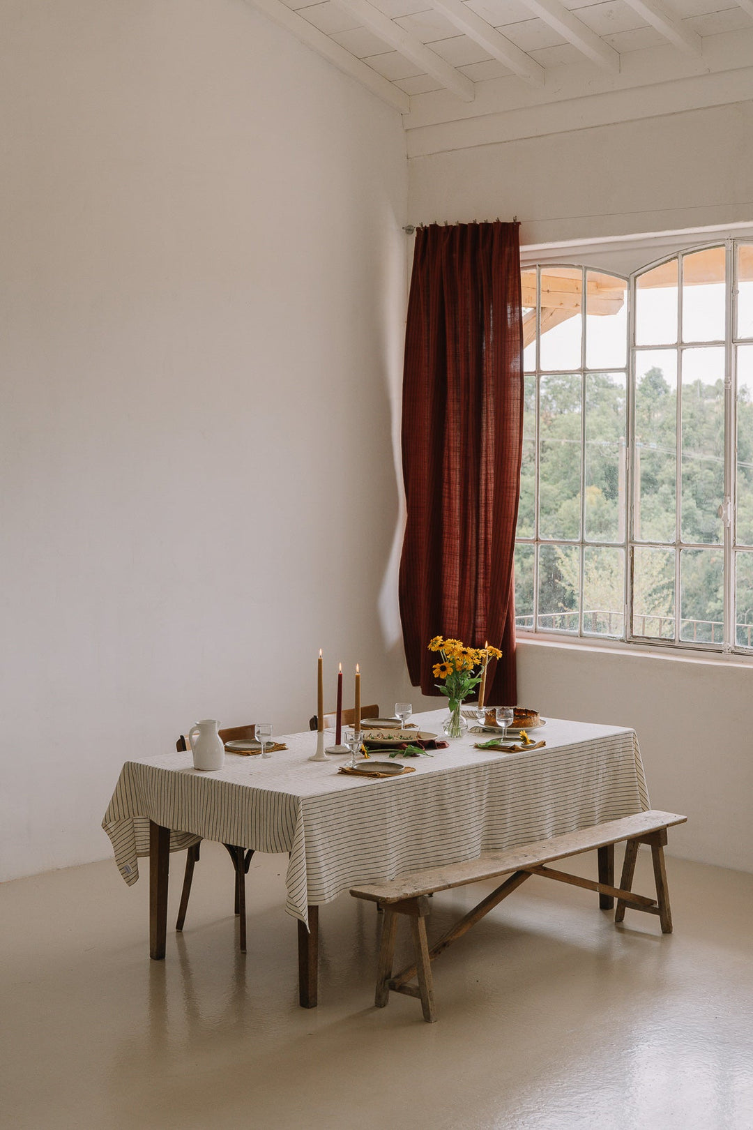 Nappe Écru à rayures en coton flammé