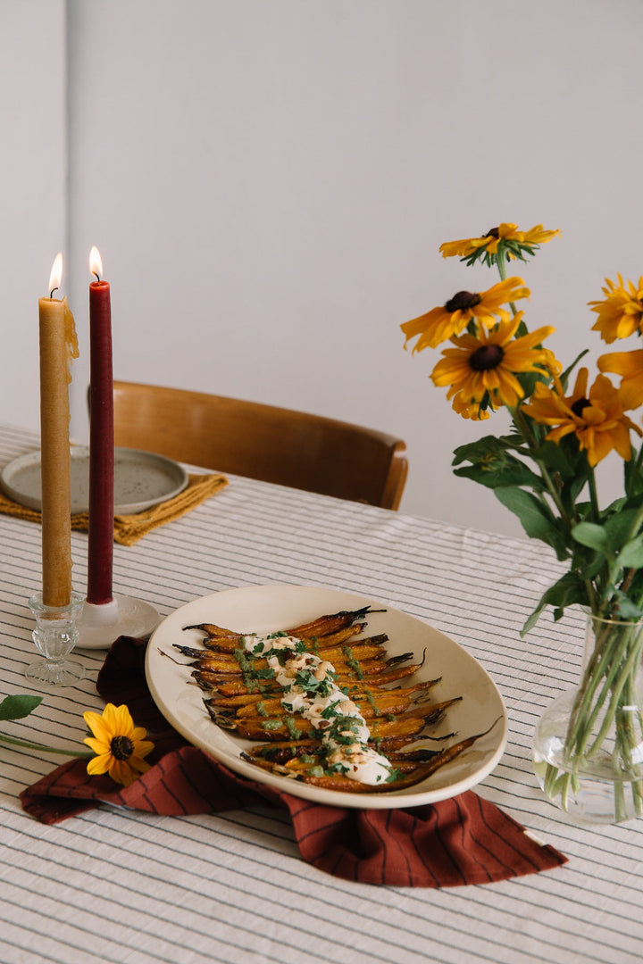 Nappe Écru à rayures en coton flammé