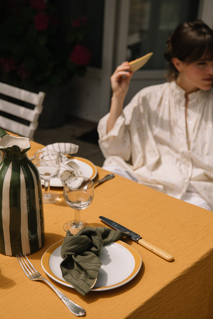 Serviettes de table Vert câpre à rayures en coton flammé (lot de 2)
