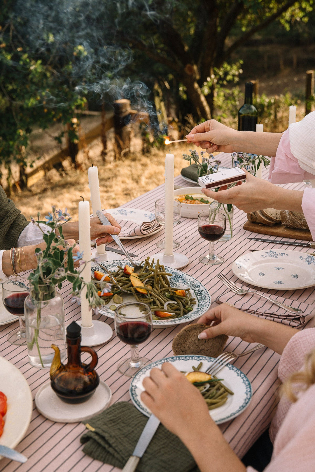 Nappe Rose délicat à rayures en coton flammé