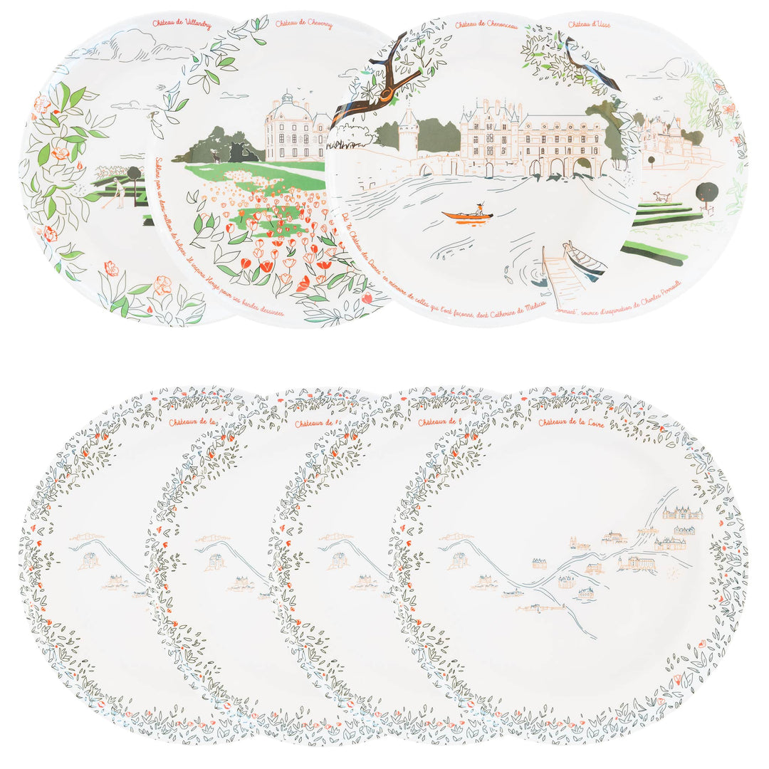 Service complet - Les châteaux de la Loire - 4 grandes assiettes en mélamine Ø 24 cm et 4 assiettes en mélamine Ø 21 cm à dessert. Services vaisselle Ours Blanc
