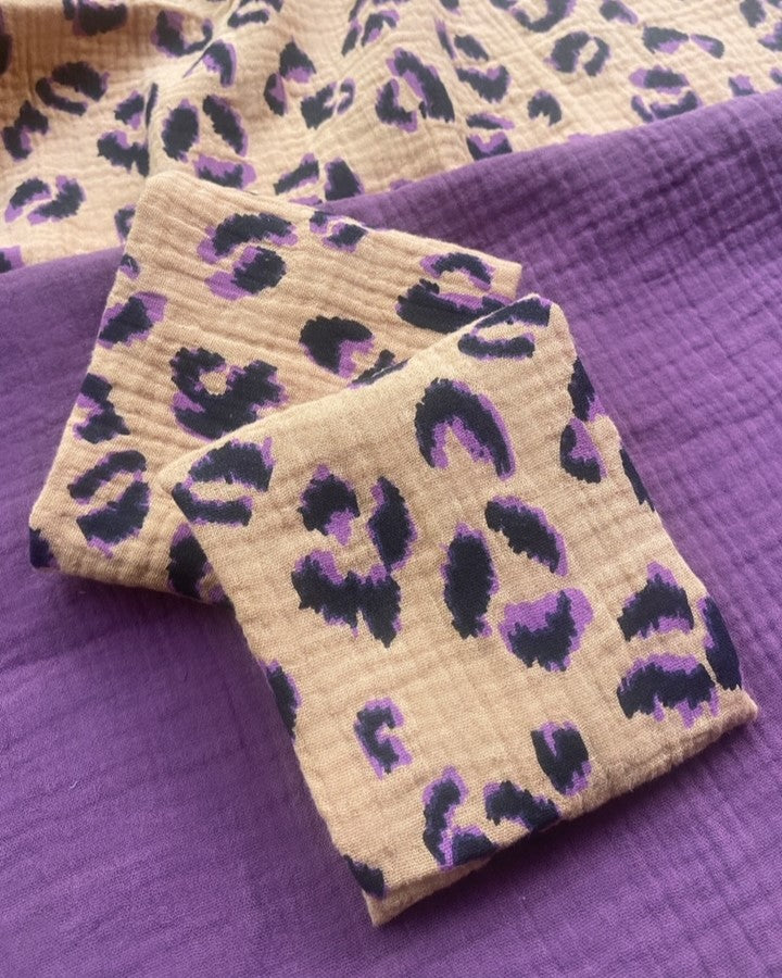 2 Serviettes de Table en tissu double gaze de coton modèle Petite Fauve Violet fabriquées en France