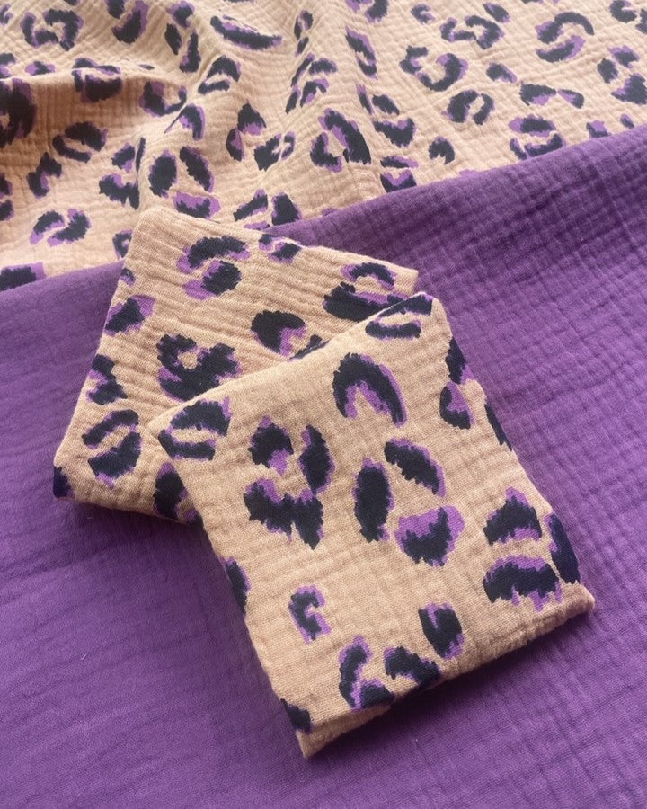 2 Serviettes de Table en tissu double gaze de coton modèle Petite Fauve Violet fabriquées en France