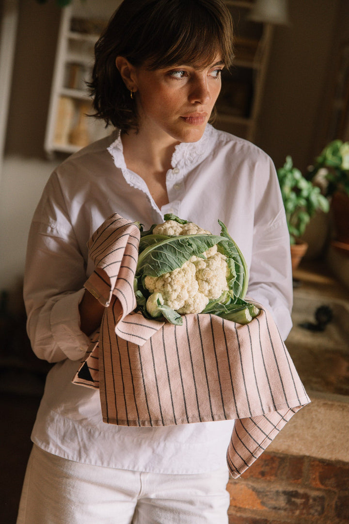 Torchon Rose délicat à rayures en coton flammé