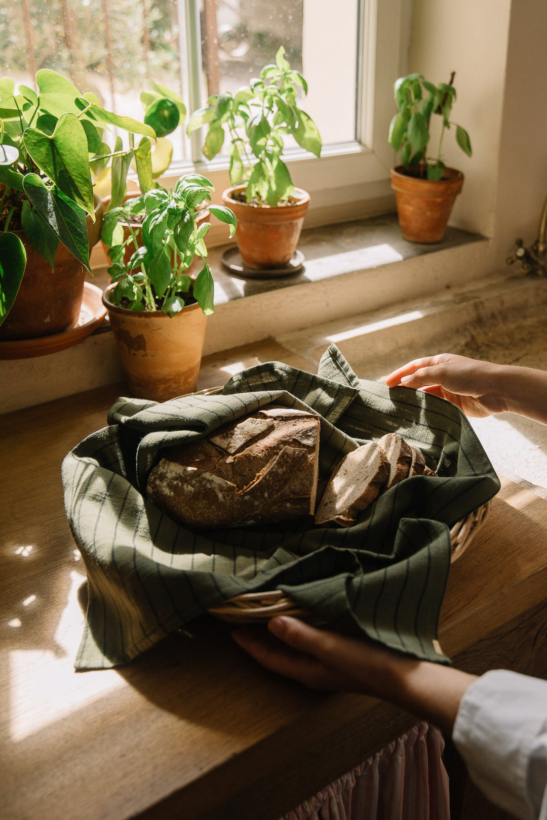 Torchon Vert câpre à rayures en coton flammé