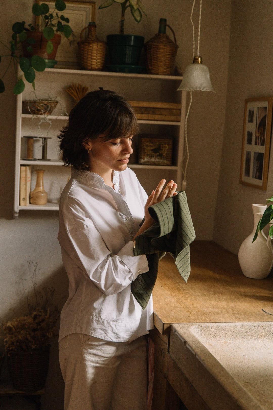 Torchon Vert câpre à rayures en coton flammé