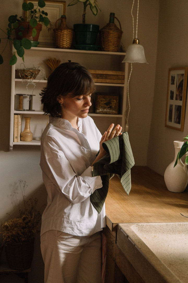 Torchon Vert câpre à rayures en coton flammé
