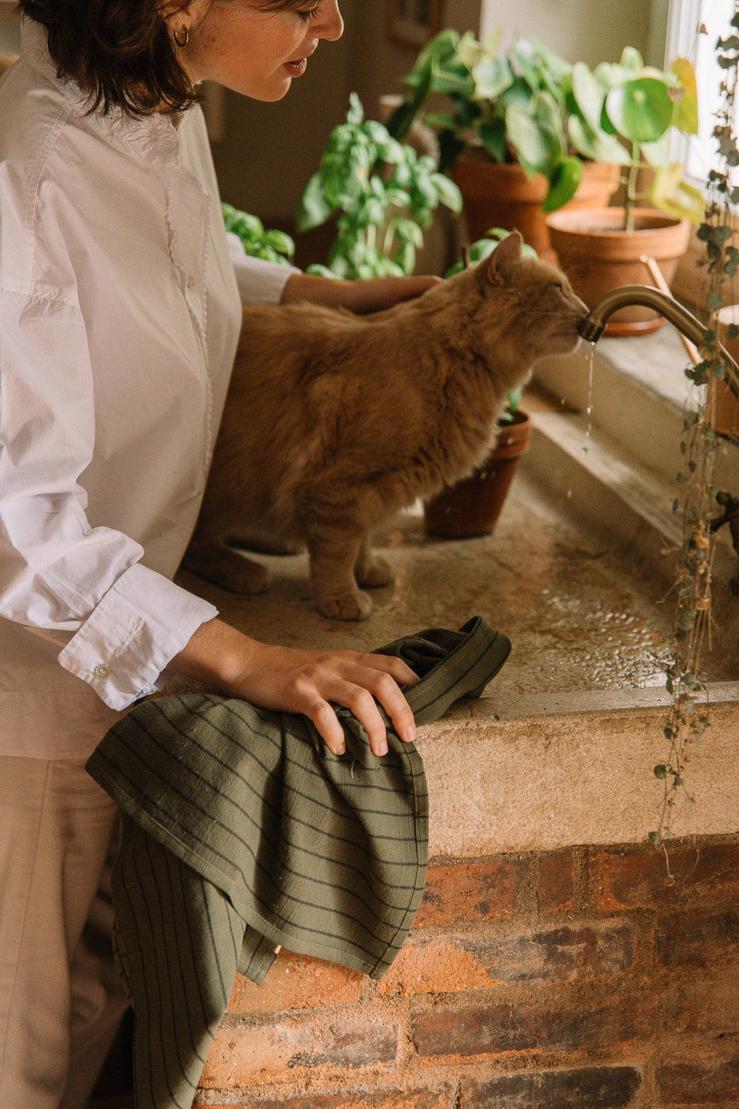 Torchon Vert câpre à rayures en coton flammé