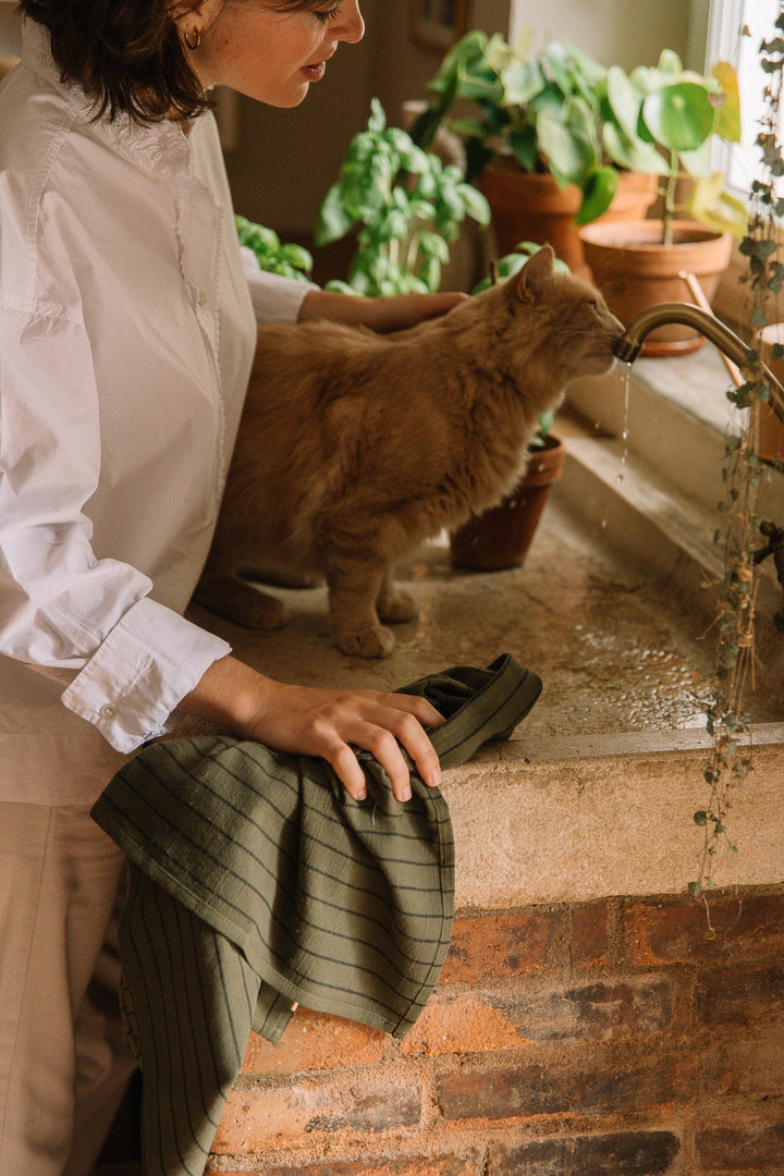 Torchon Vert câpre à rayures en coton flammé