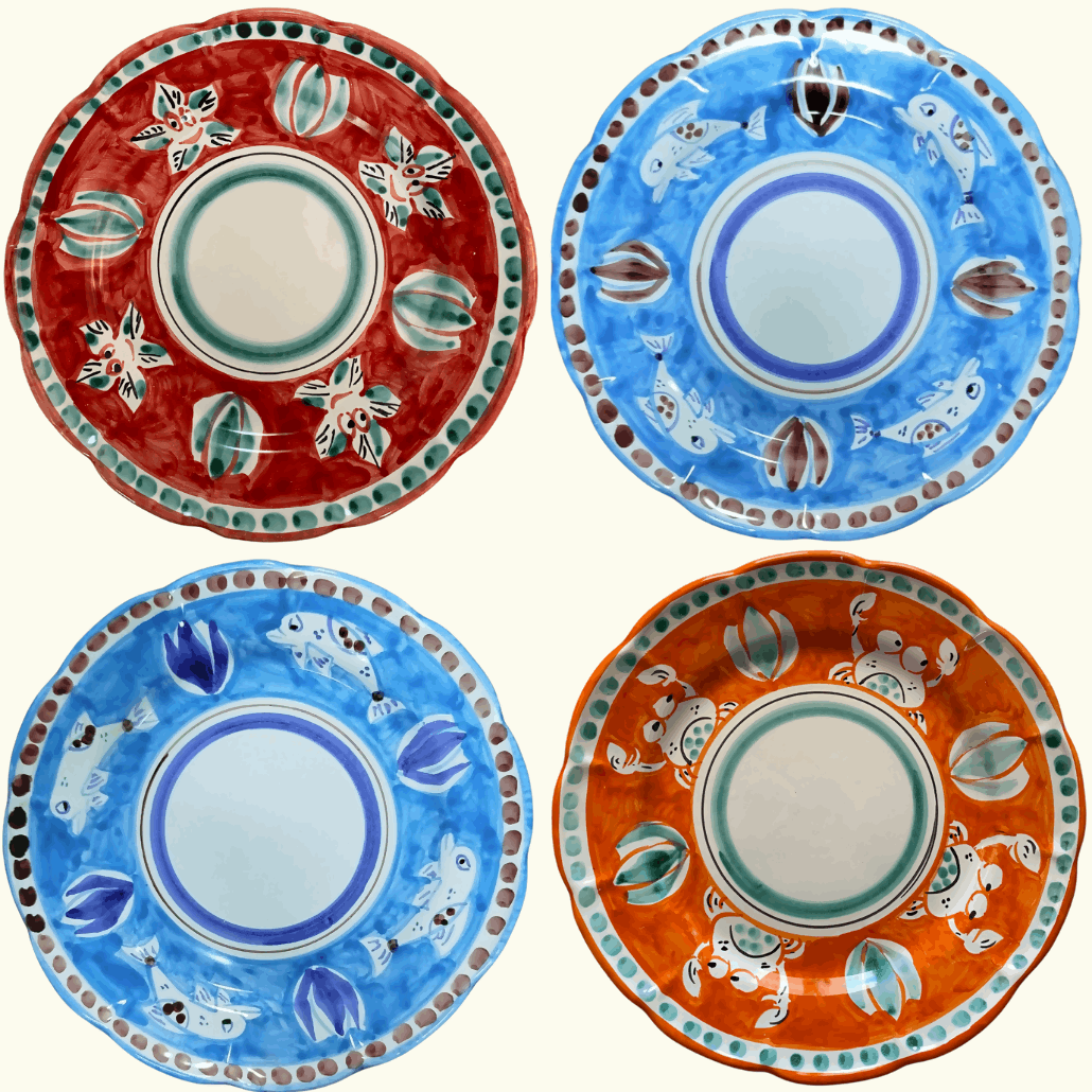 Lot d'assiettes plates à diner en céramique italienne artisanale à mixer