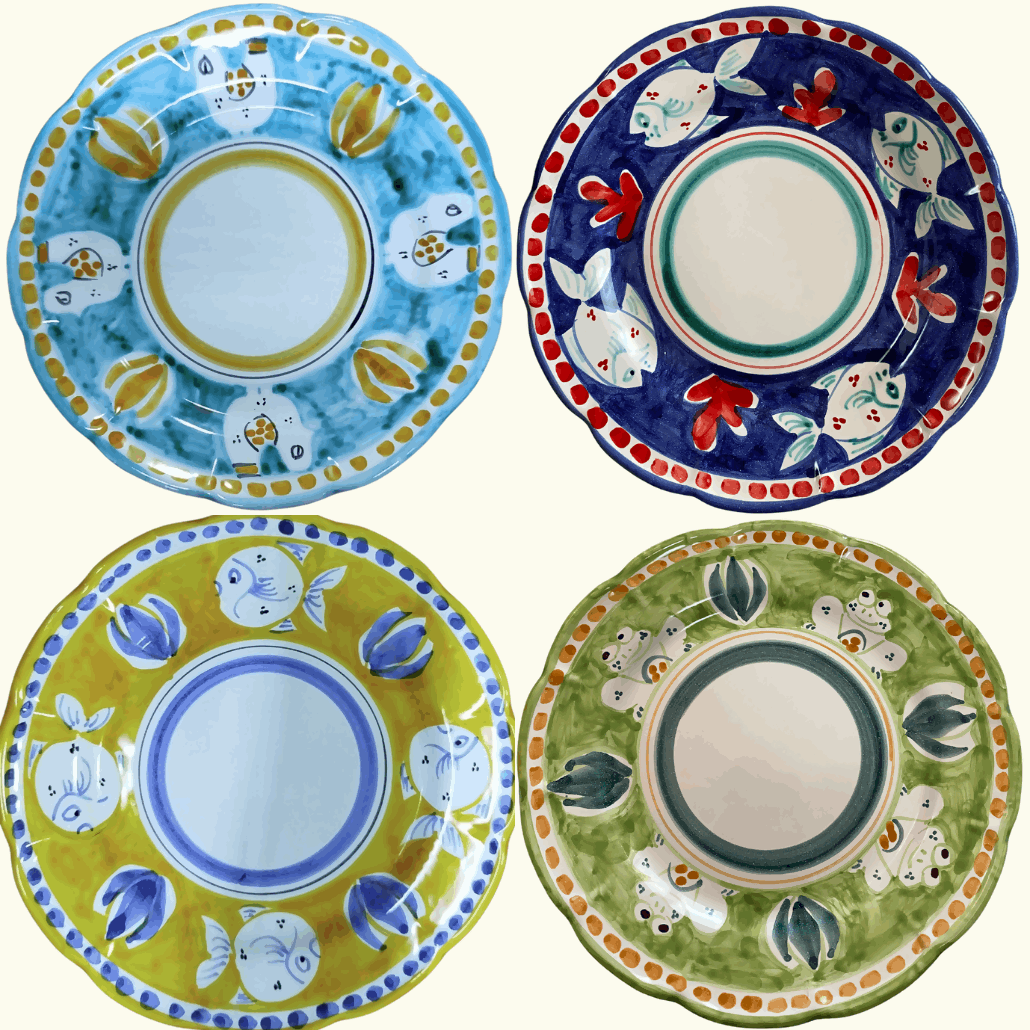 Lot d'assiettes plates à diner en céramique italienne artisanale à mixer