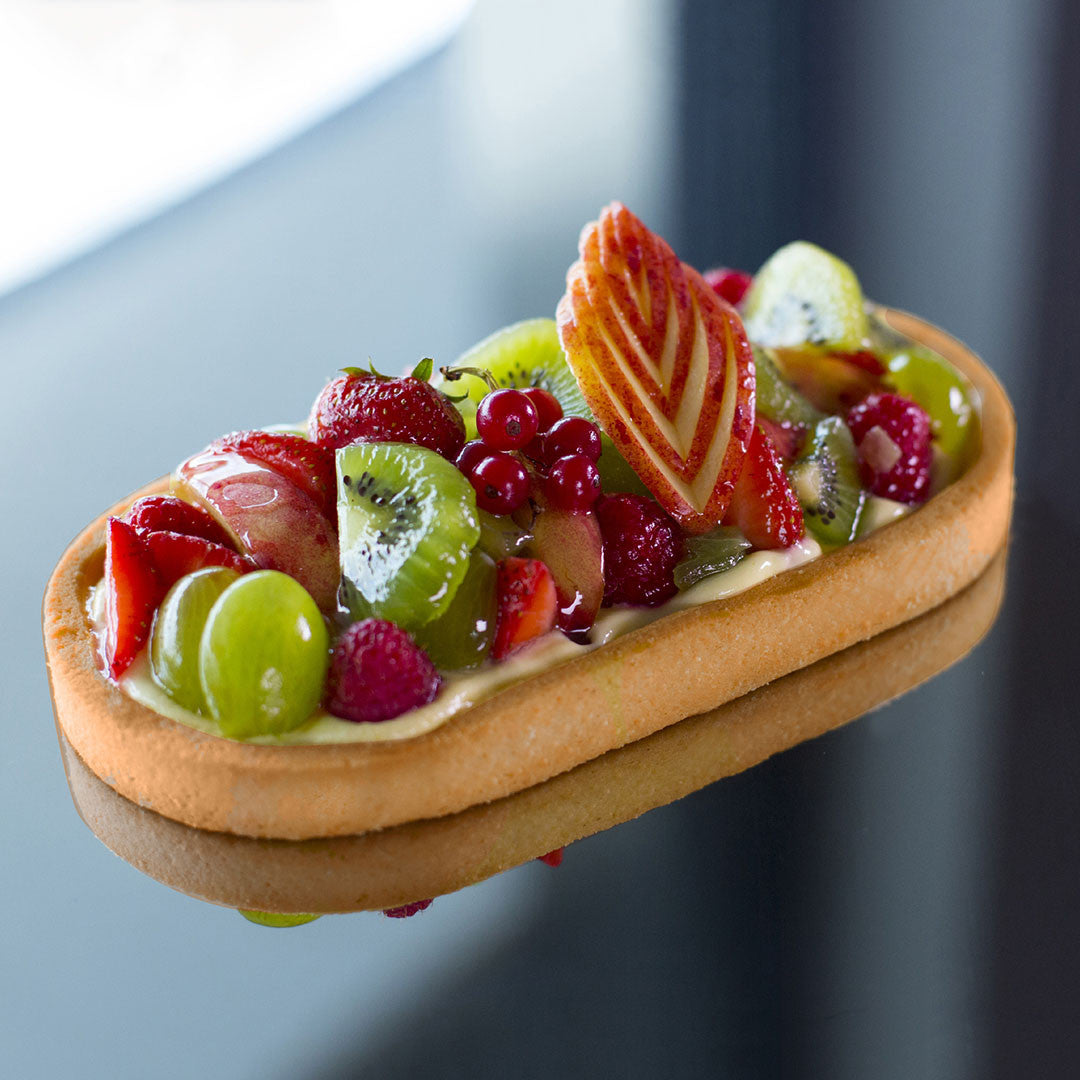 Cercle à tarte oblong VALRHONA, inox perforé 30cm x 11cm - HT 2cm