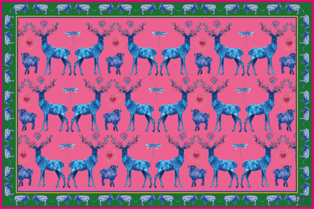 Sets de table - Tissu polyester - Motifs cerfs et sangliers - Fond uni rose Sets de table Maison Datcha