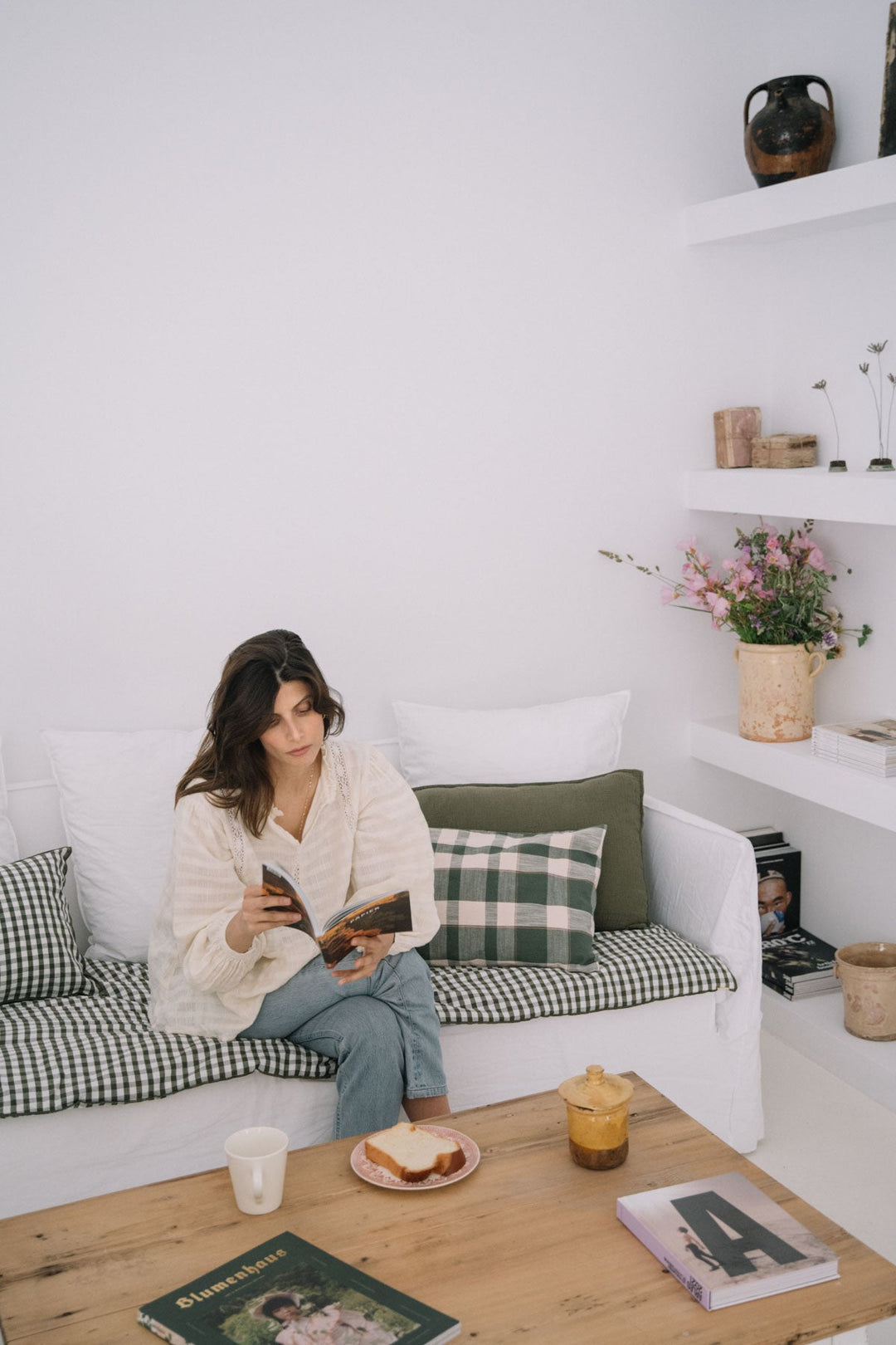 Large removable cushion in caper green double cotton gauze 45x90cm