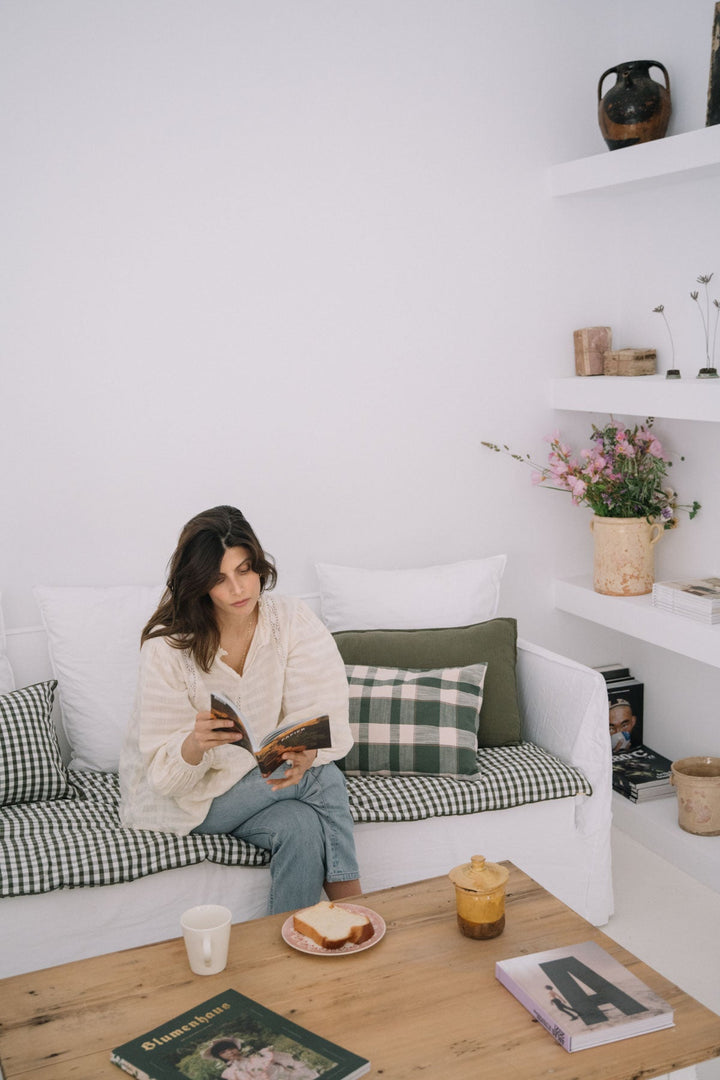 Large removable cushion in caper green double cotton gauze 45x90cm