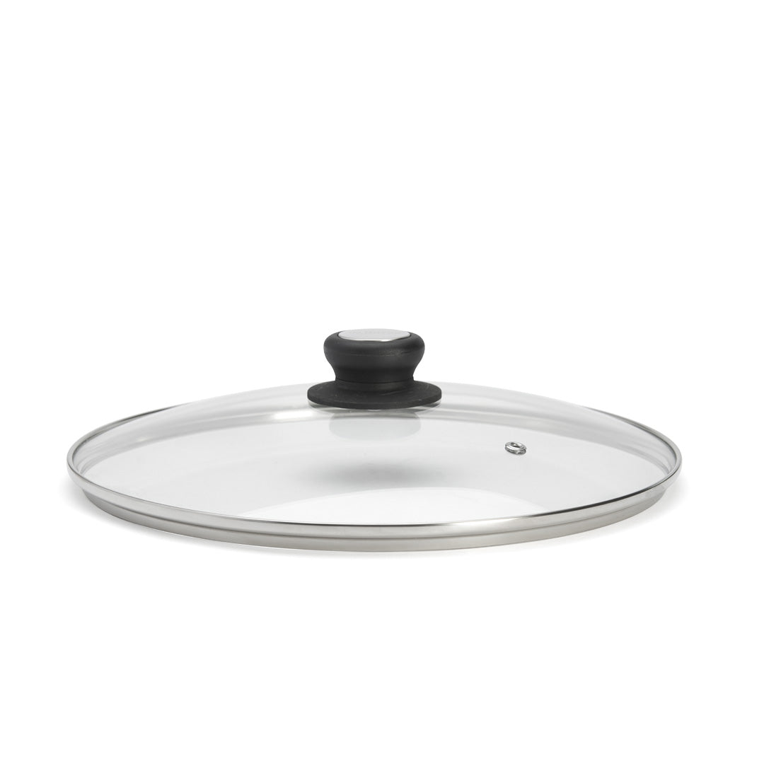 Couvercle en verre cerclé inox avec bouton bakélite/inox Ø 28 cm