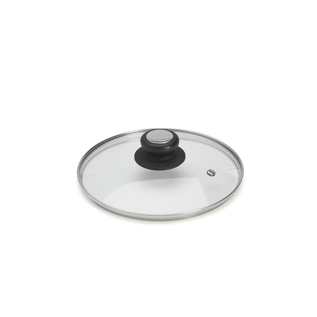 Couvercle en verre cerclé inox avec bouton bakélite/inox Ø 24 cm