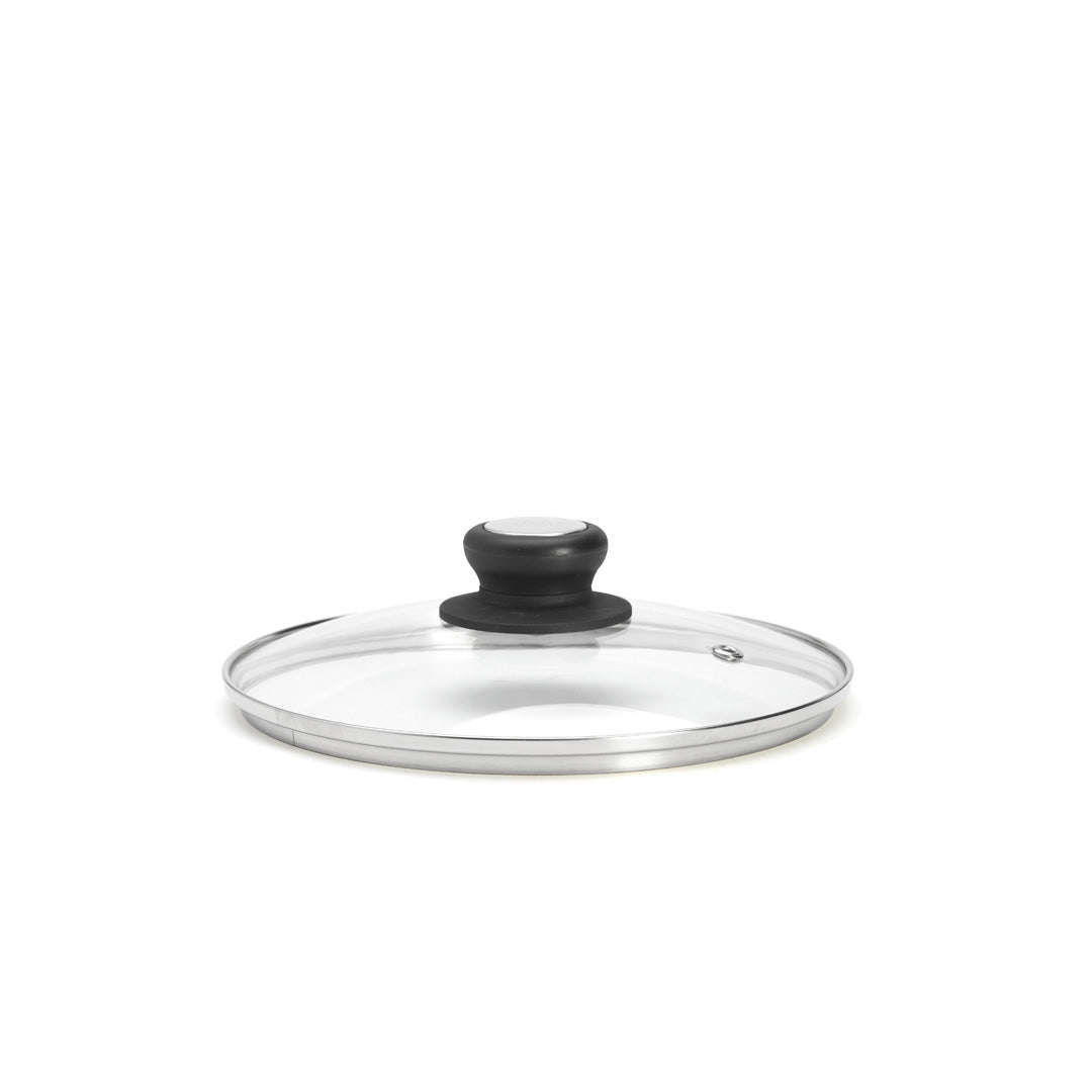 Couvercle en verre cerclé inox avec bouton bakélite/inox Ø 24 cm