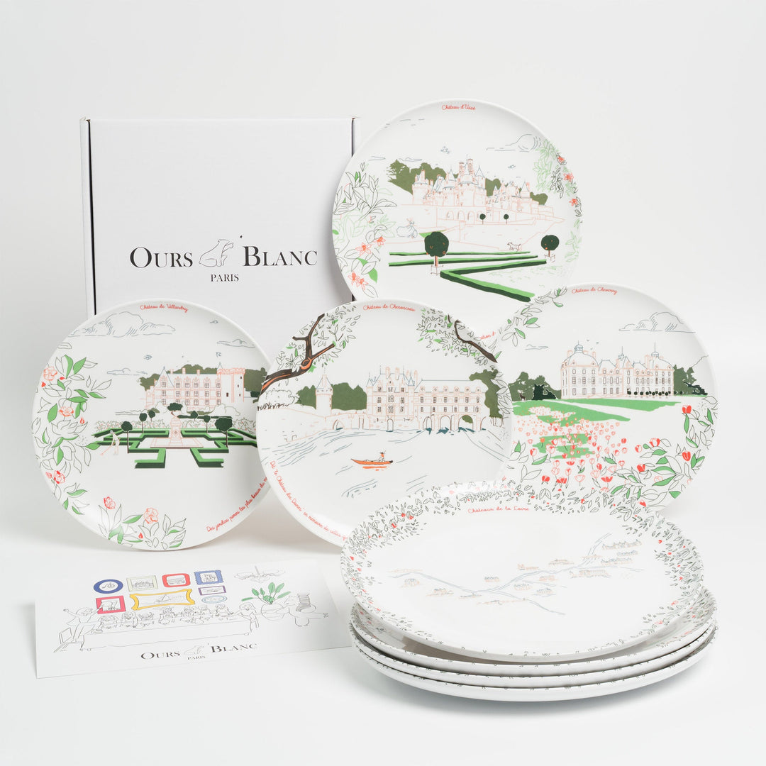 Idée cadeau mariage : Coffret d'assiettes à dessert et plat en mélamine Châteaux de la Loire