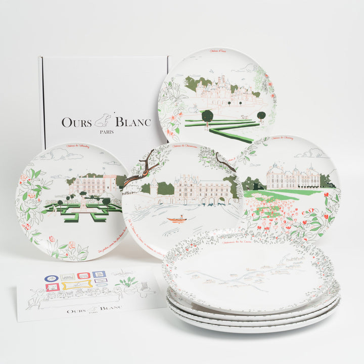 Idée cadeau mariage : Coffret d'assiettes à dessert et plat en mélamine Châteaux de la Loire
