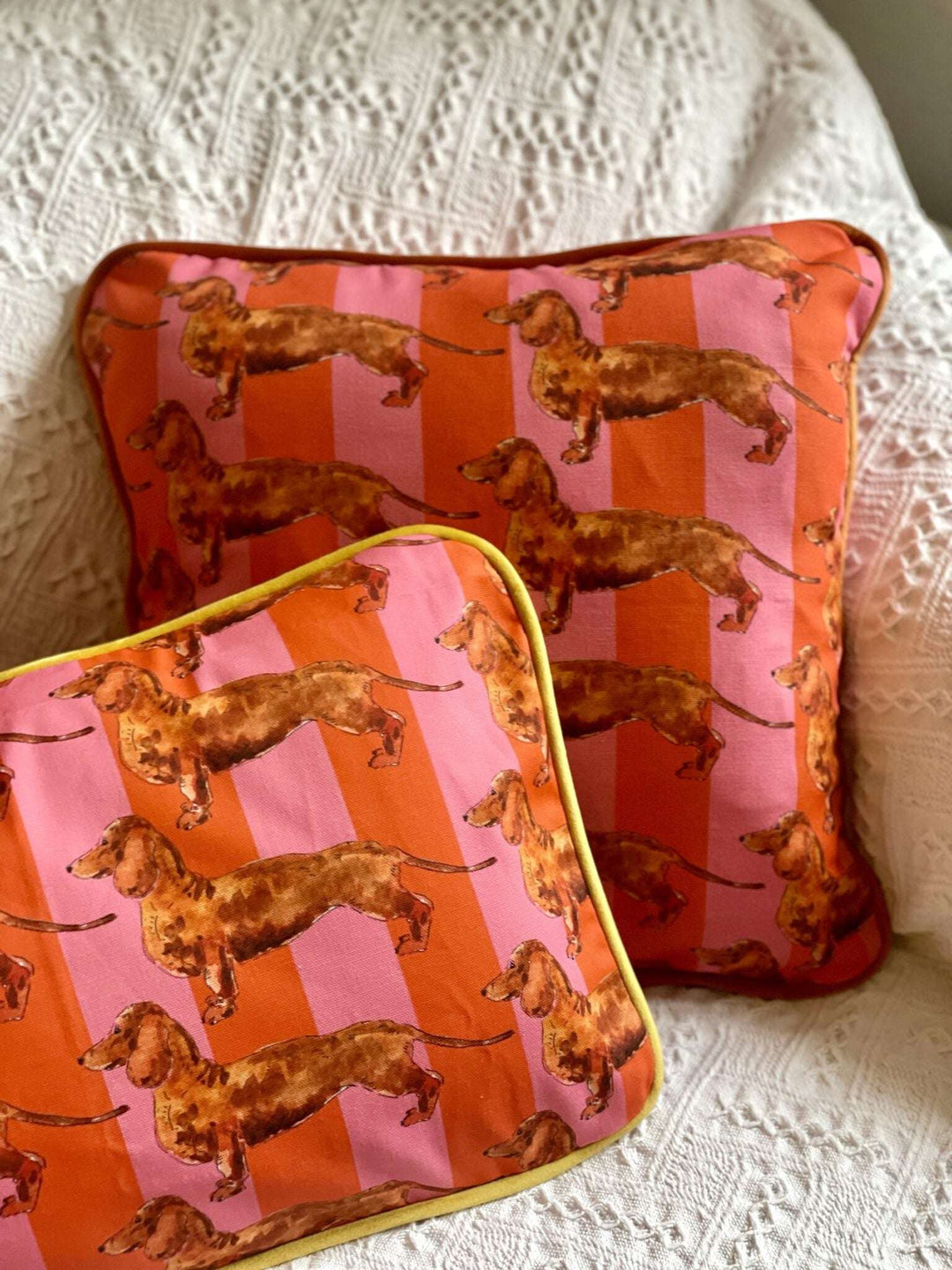 Housse de coussin mat - teckels - rayures roses et oranges