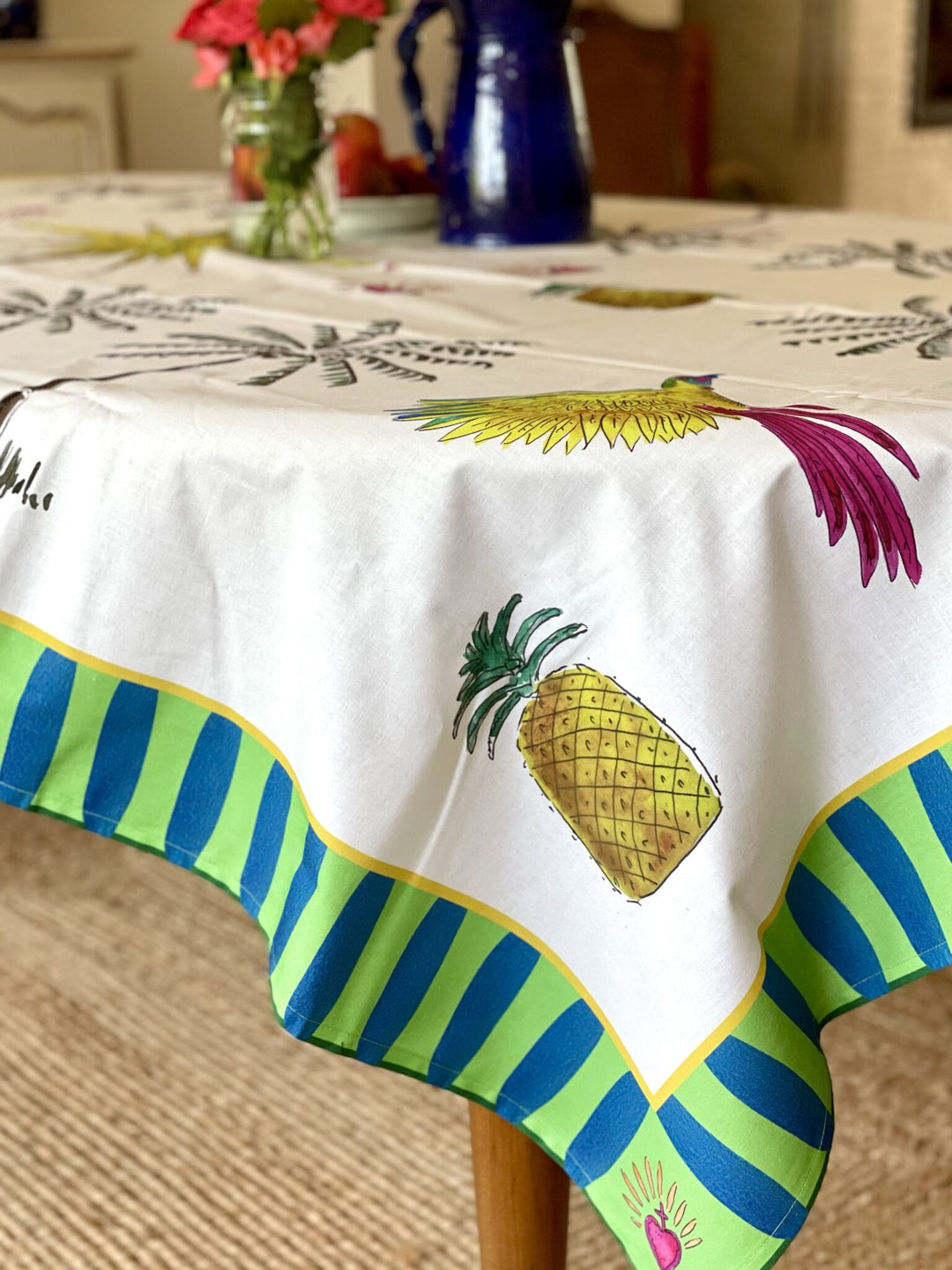 Nappe - Palmiers, perroquets et ananas - Blanc Nappes Maison Datcha