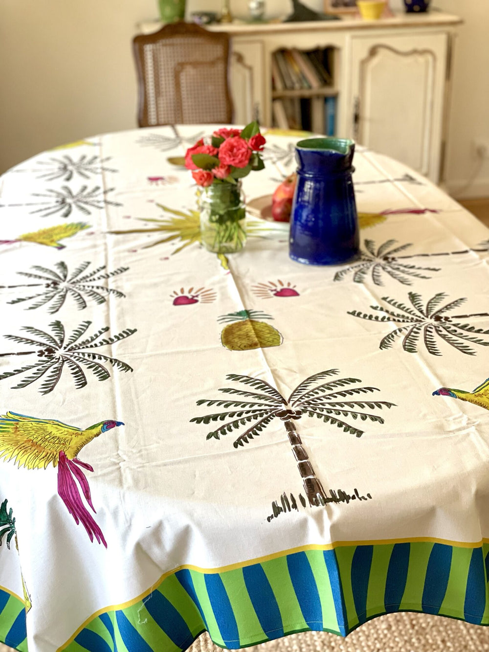 Nappe - Palmiers, perroquets et ananas - Blanc Nappes Maison Datcha