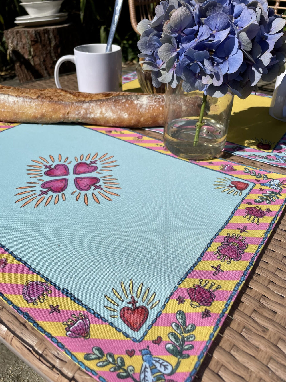 Sets de table - Tissu anti-tâches - Motifs cœur sacré - Fond uni turquoise Sets de table Maison Datcha