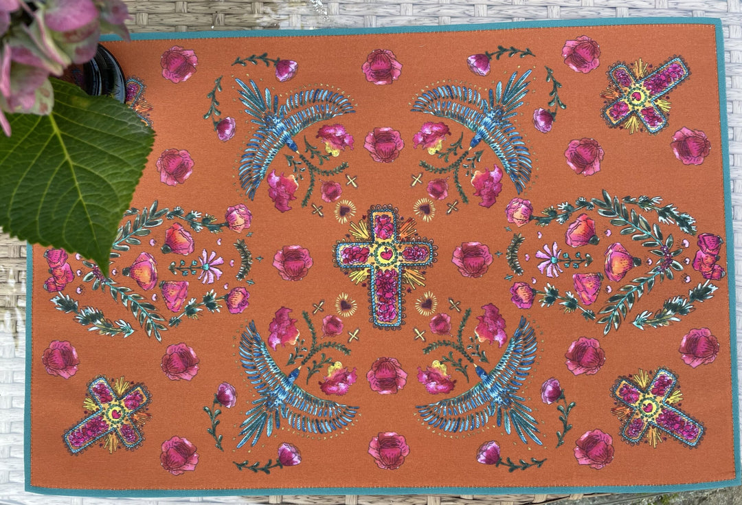 Sets de table - Tissu anti-tâches - Motifs fleurs - Fond uni rouille Sets de table Maison Datcha