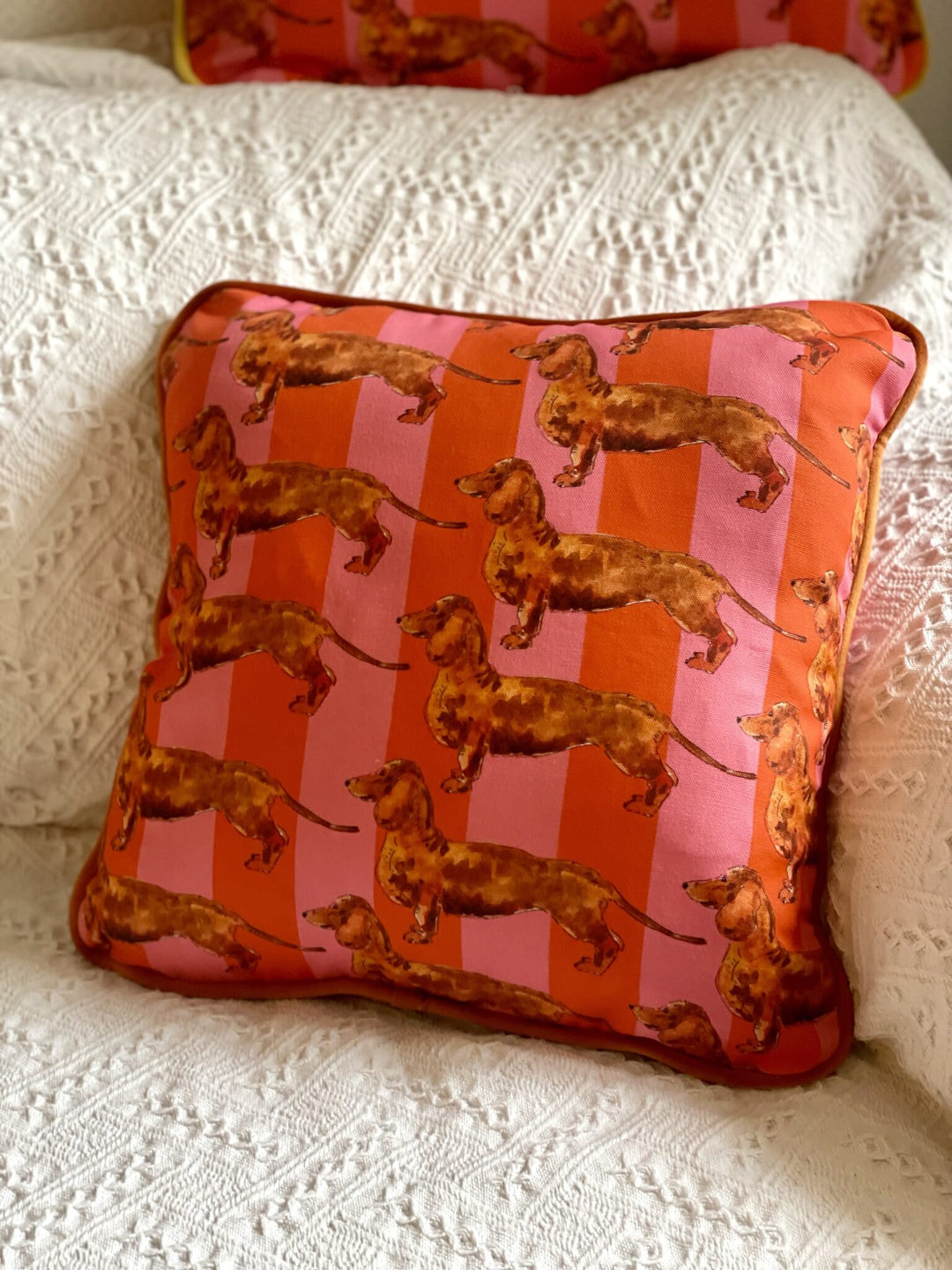 Housse de coussin mat - teckels - rayures roses et oranges