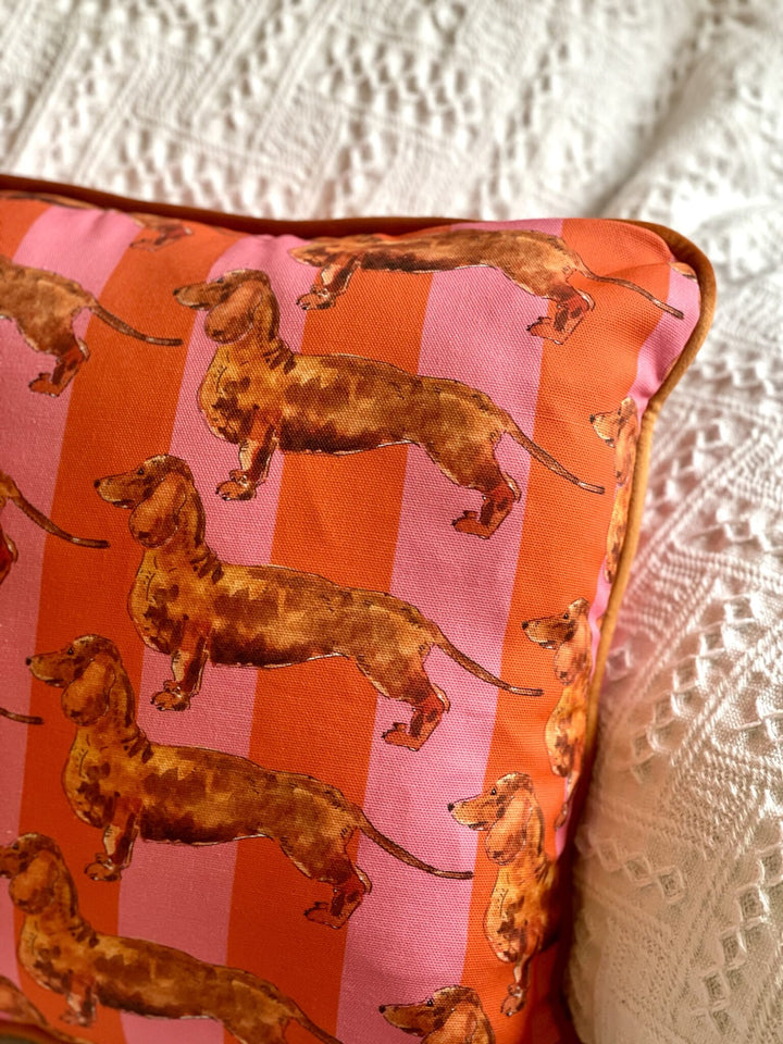 Housse de coussin mat - teckels - rayures roses et oranges