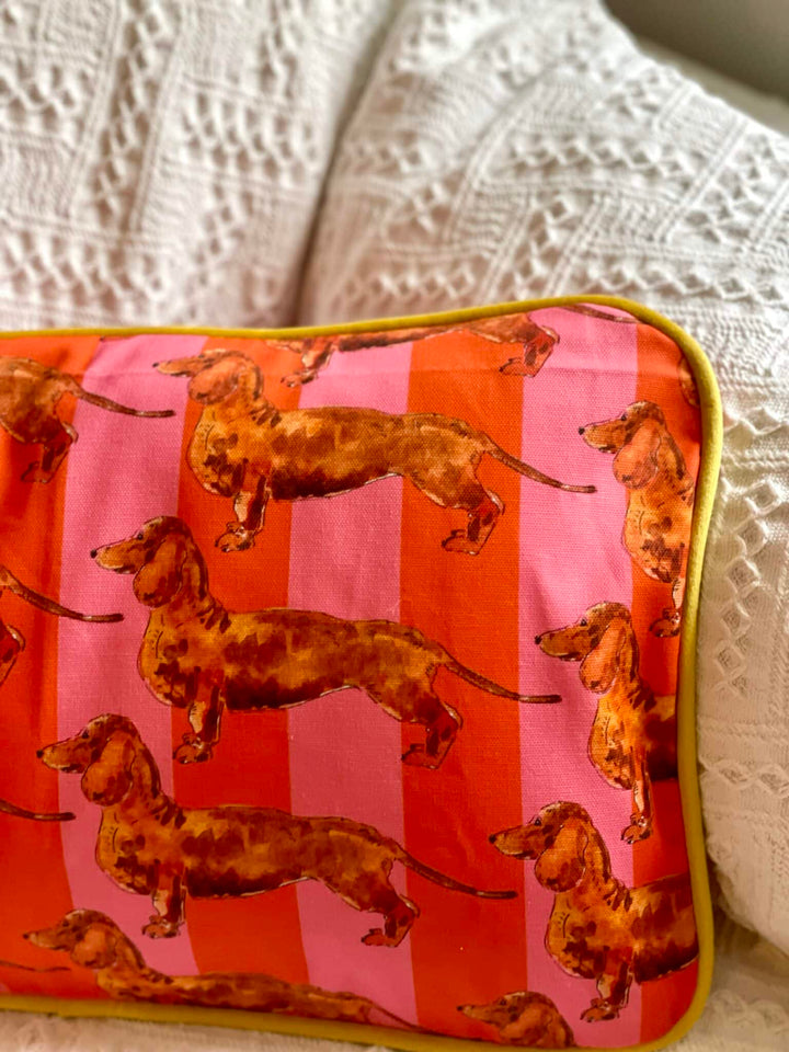 Housse de coussin mat - Teckel - rayures roses et oranges