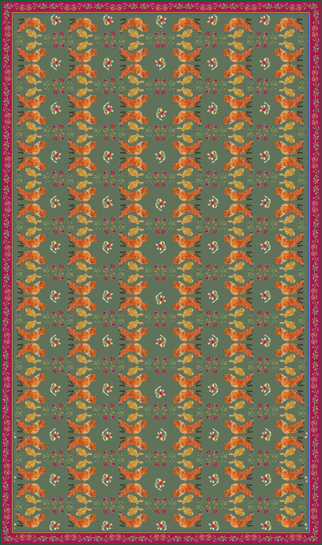 Nappe made in France à motifs renards et lièvres fond vert sauge